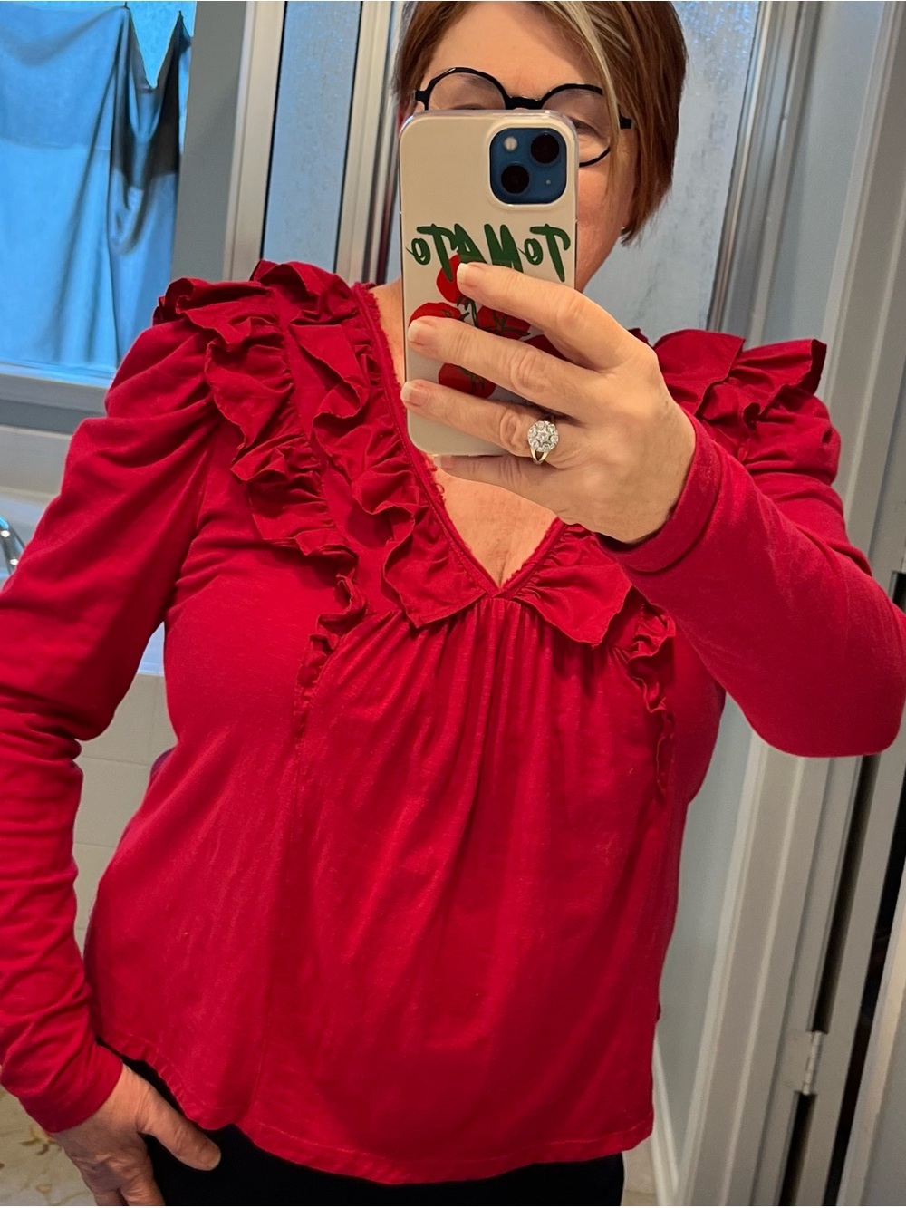 Anthropologie Ruffle V-Neck Long Sleeve Top - Hot Pink